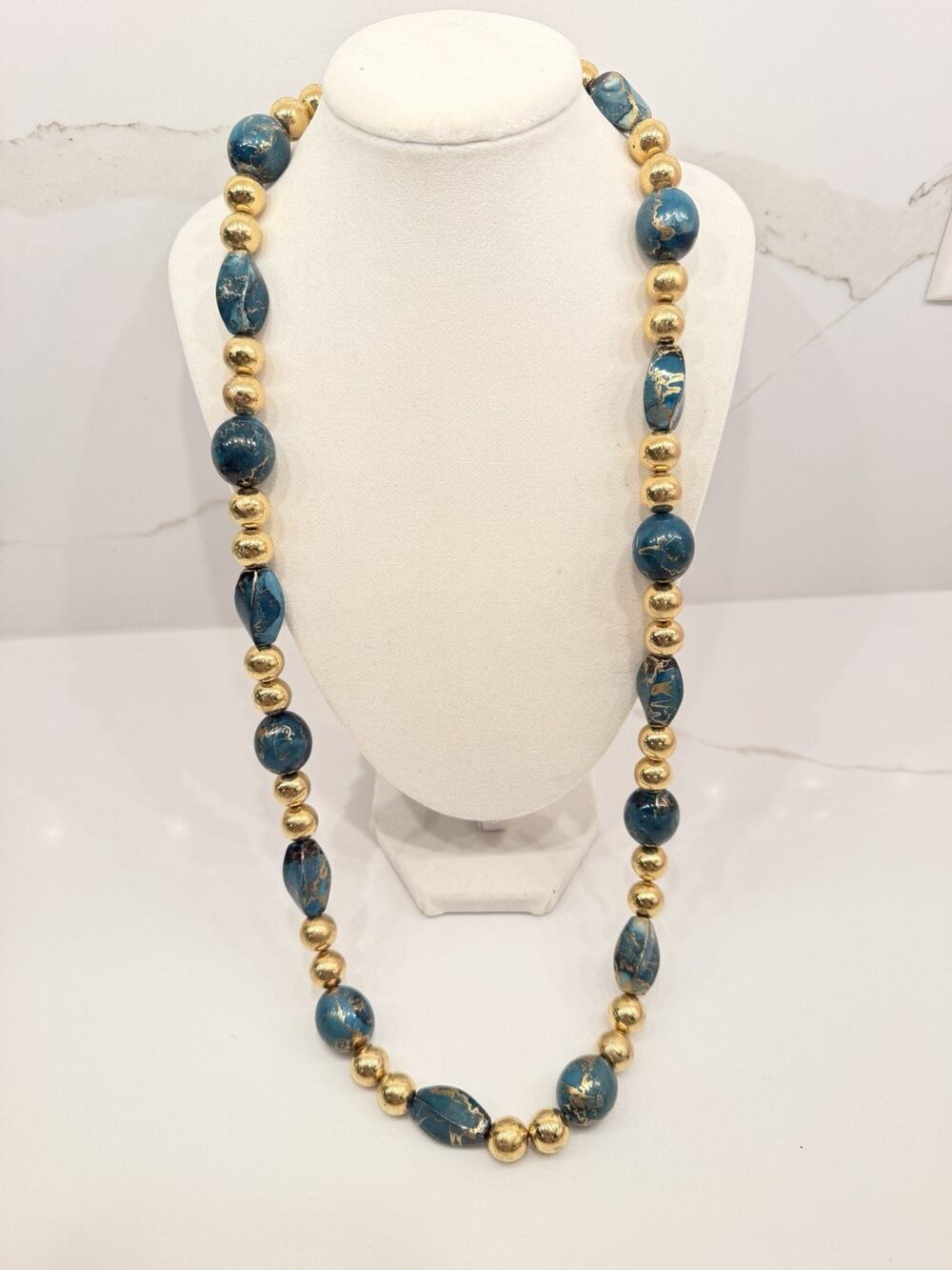 Vintage Teal Blue Gold Marbled Beaded Necklace Long Statement Chunky 30”